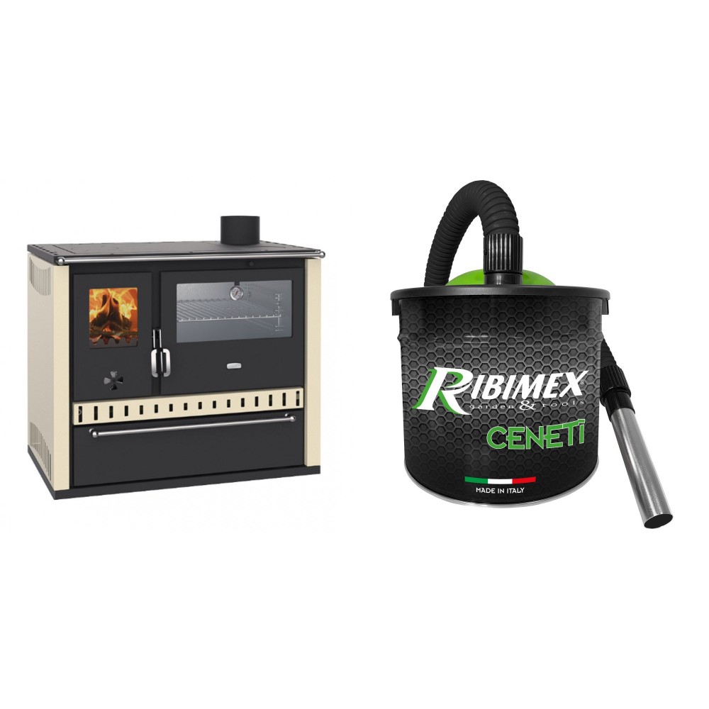 Set Küchenofen / Küchenhexe Prity GT, mit Edelstahl-Backofen und Schublade, 15 kW + Elektrischer Aschesauger Ribimex, Modell Cenetì, Fassungsvermögen 15 L | Kaminofen - Holzofen mit Backfach | Prity |