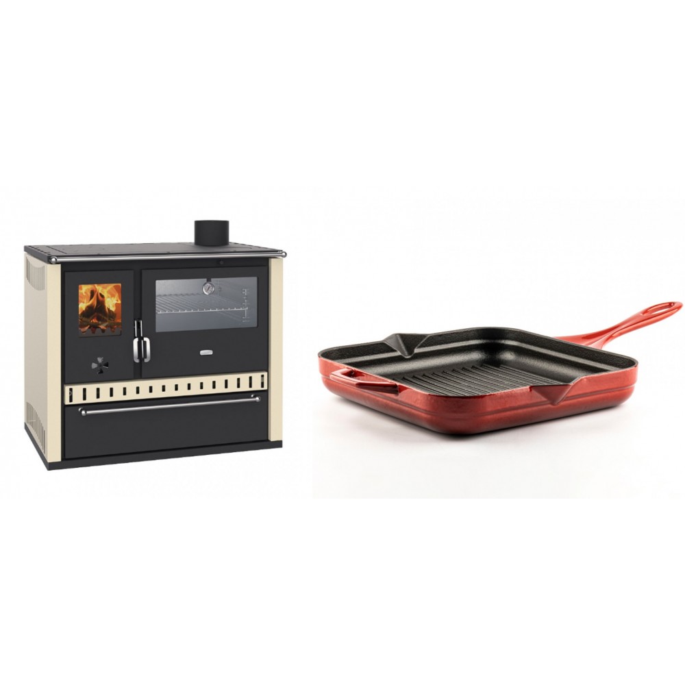 Set Küchenofen / Küchenhexe Prity GT, mit Edelstahl-Backofen und Schublade, 15 kW + Emaillierte grillpfanne Gusseisen Solagio, Rubin, 28x28cm