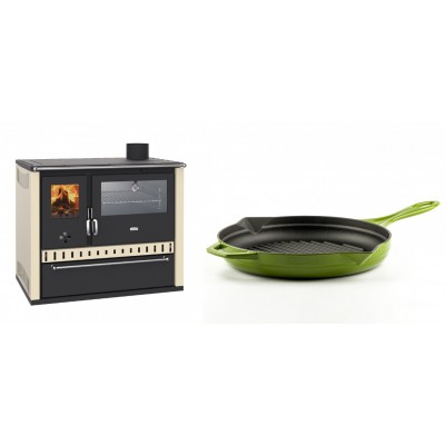 Set Küchenofen / Küchenhexe Prity GT, mit Edelstahl-Backofen und Schublade, 15 kW + Emaillierte grillpfanne Gusseisen Solagio, Bamboo, Ф28cm - Kaminofen - Holzofen mit Backfach