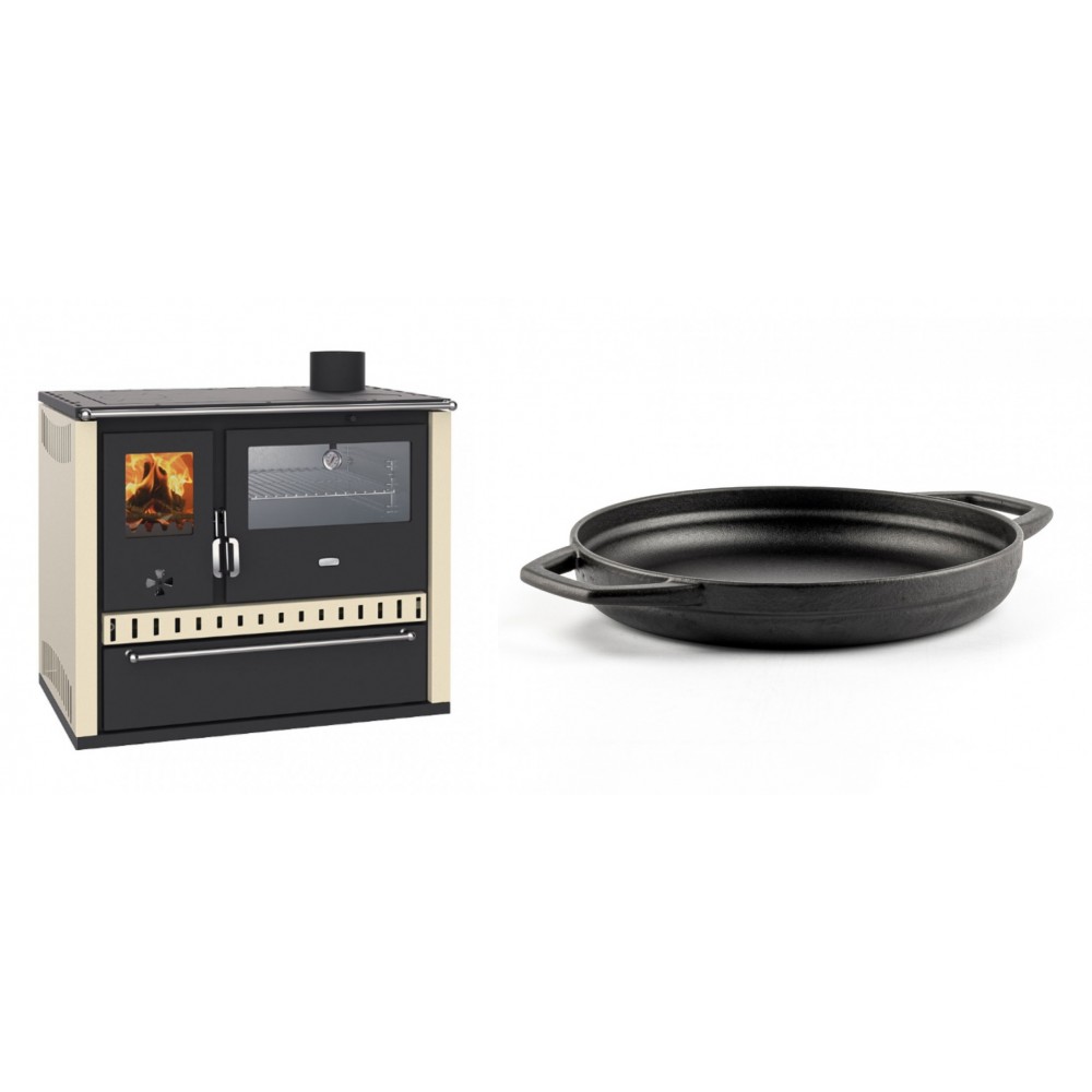 Set Küchenofen / Küchenhexe Prity GT, mit Edelstahl-Backofen und Schublade, 15 kW + Emaillierte gusseisenpfanne mit zwei Griffen Solagio, Black Onyx, Ф22cm | Kaminofen - Holzofen mit Backfach | Kaminofen |