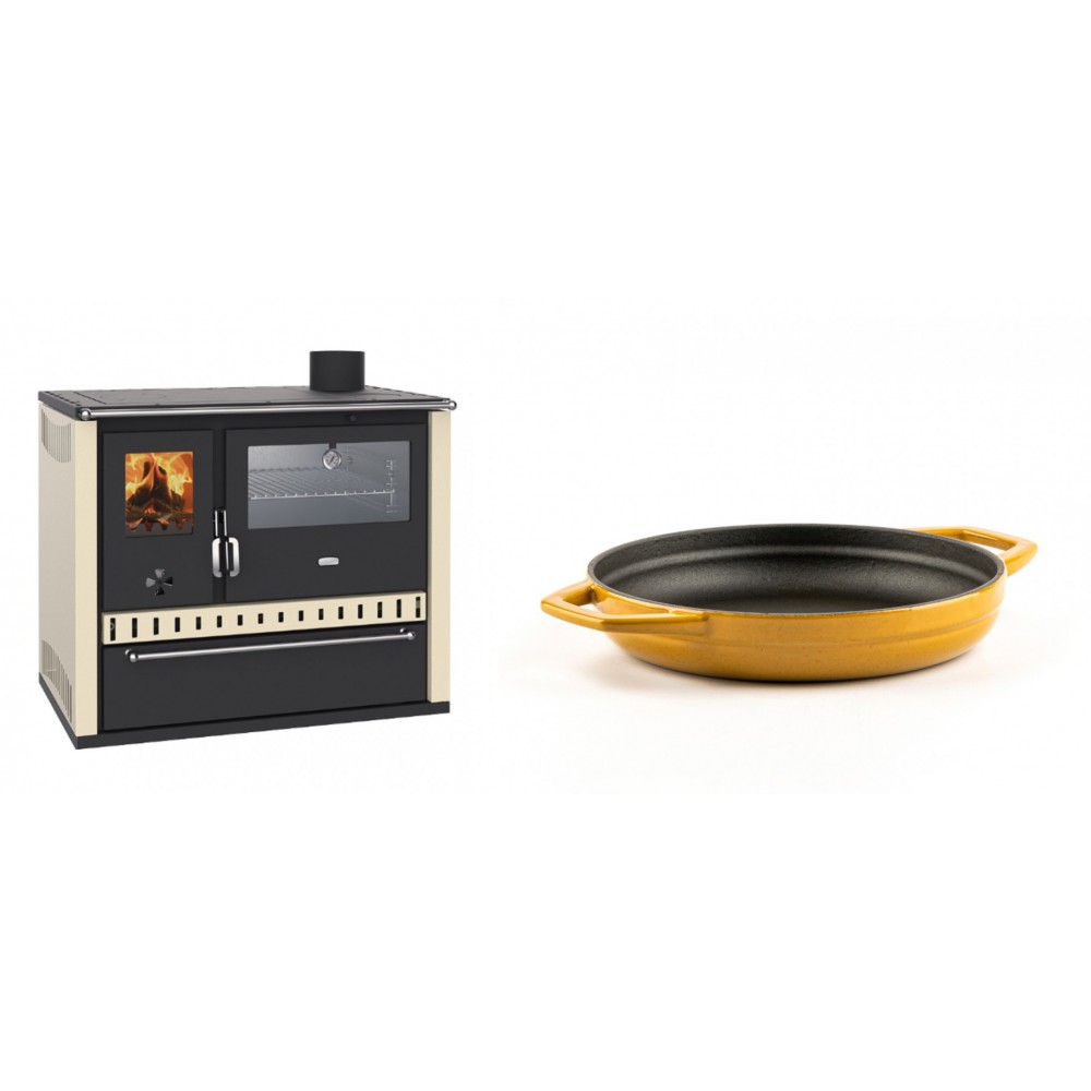Set Küchenofen / Küchenhexe Prity GT, mit Edelstahl-Backofen und Schublade, 15 kW + Emaillierte gusseisenpfanne mit zwei Griffen Solagio, Dijon, Ф19cm | Kaminofen - Holzofen mit Backfach | Kaminofen |