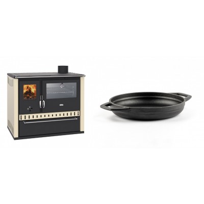 Set Küchenofen / Küchenhexe Prity GT, mit Edelstahl-Backofen und Schublade, 15 kW + Emaillierte gusseisenpfanne mit zwei Griffen Solagio, Black Onyx, Ф19cm - Kaminofen - Holzofen mit Backfach