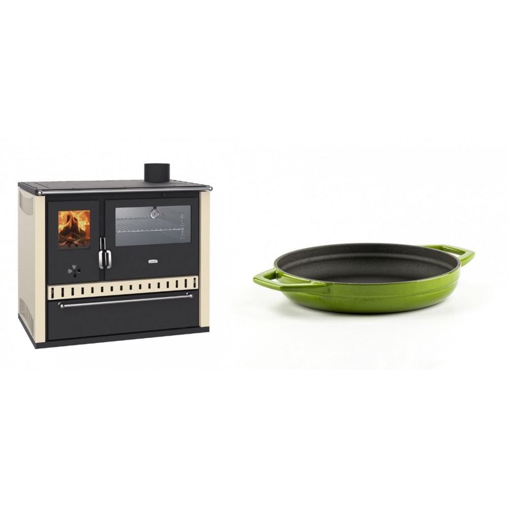 Set Küchenofen / Küchenhexe Prity GT, mit Edelstahl-Backofen und Schublade, 15 kW + Emaillierte gusseisenpfanne mit zwei Griffen Solagio, Bamboo, Ф19cm | Kaminofen - Holzofen mit Backfach | Kaminofen |