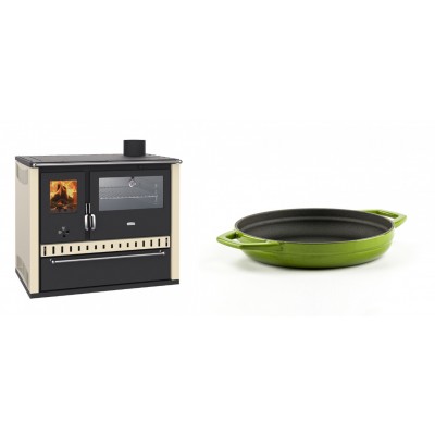 Set Küchenofen / Küchenhexe Prity GT, mit Edelstahl-Backofen und Schublade, 15 kW + Emaillierte gusseisenpfanne mit zwei Griffen Solagio, Bamboo, Ф19cm - Kaminofen - Holzofen mit Backfach