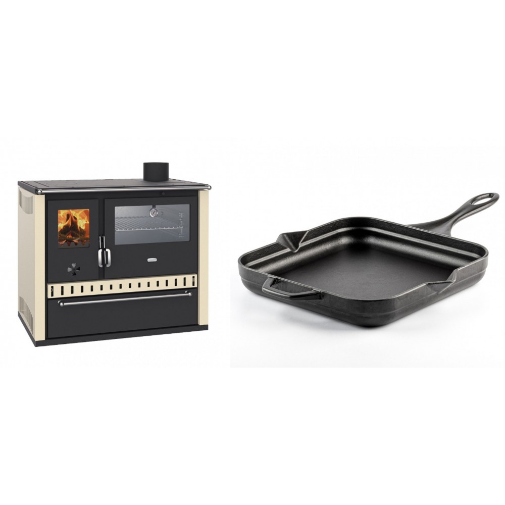 Set Küchenofen / Küchenhexe Prity GT, mit Edelstahl-Backofen und Schublade, 15 kW + Emaillierte Gusseisenpfanne Solagio, Black Onyx, 28x28cm | Kaminofen - Holzofen mit Backfach | Kaminofen |