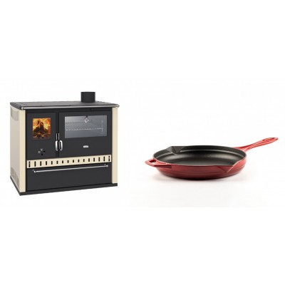 Set Küchenofen / Küchenhexe Prity GT, mit Edelstahl-Backofen und Schublade, 15 kW + Emaillierte Gusseisenpfanne Solagio, Rubin, Ф24cm - Kaminofen - Holzofen mit Backfach