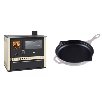 Set Küchenofen / Küchenhexe Prity GT, mit Edelstahl-Backofen und Schublade, 15 kW + Emaillierte Gusseisenpfanne Solagio, Ivory, Ф28cm - Kaminofen - Holzofen mit Backfach