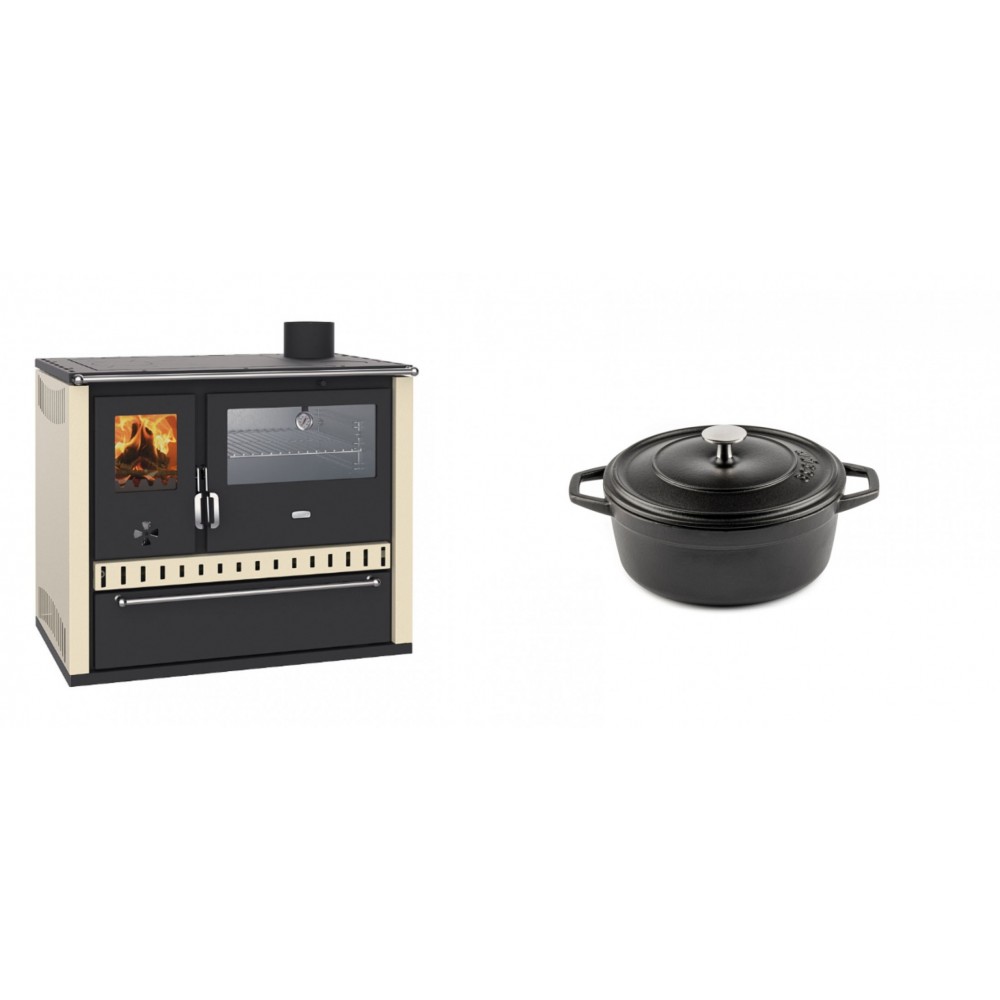 Set Küchenofen / Küchenhexe Prity GT, mit Edelstahl-Backofen und Schublade, 15 kW + Gusseisen Topf Tiefer Solagio, Black Onyx, Ф12 | Kaminofen - Holzofen mit Backfach | Kaminofen |