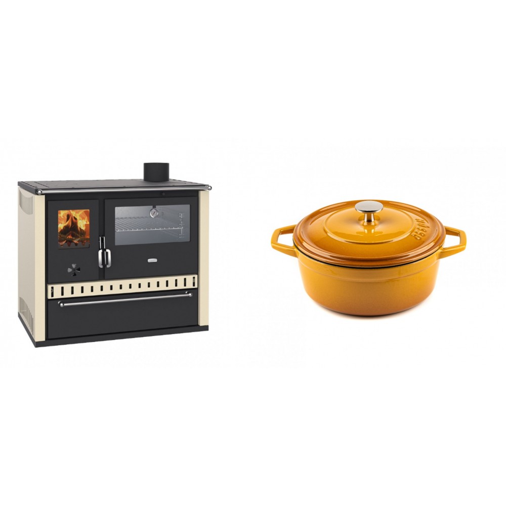 Set Küchenofen / Küchenhexe Prity GT, mit Edelstahl-Backofen und Schublade, 15 kW + Gusseisen Topf Tiefer Solagio, Dijon, Ф20