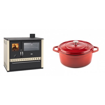 Set Küchenofen / Küchenhexe Prity GT, mit Edelstahl-Backofen und Schublade, 15 kW + Gusseisen Topf Tiefer Solagio, Rubin, Ф24 - Kaminofen - Holzofen mit Backfach