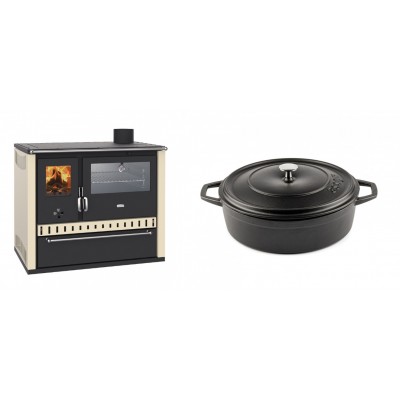 Set Küchenofen / Küchenhexe Prity GT, mit Edelstahl-Backofen und Schublade, 15 kW + Gusseisen Topf Flach Solagio, Black Onyx, Ф26 - Kaminofen - Holzofen mit Backfach