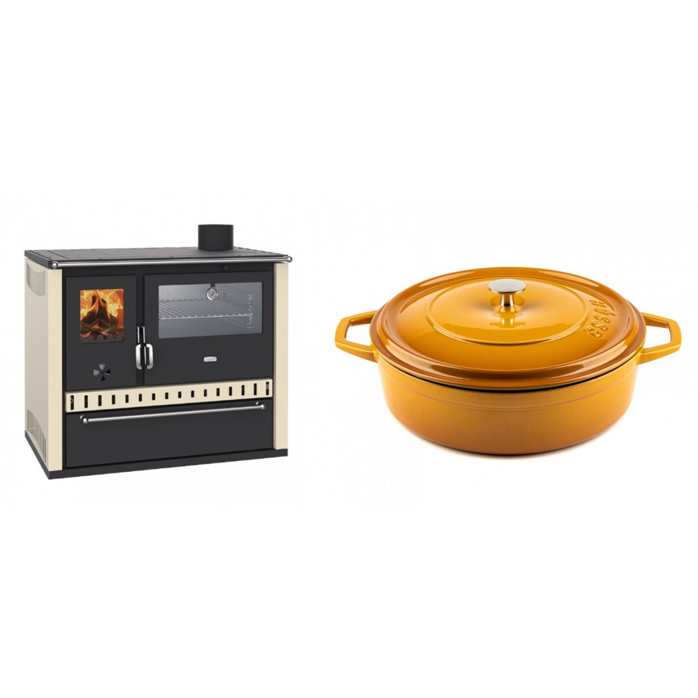 Set Küchenofen / Küchenhexe Prity GT, mit Edelstahl-Backofen und Schublade, 15 kW + Gusseisen Topf Flach Solagio, Dijon, Ф28