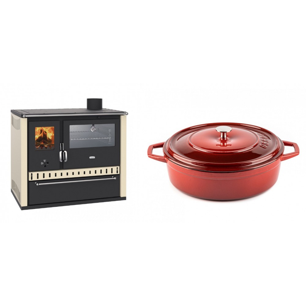 Set Küchenofen / Küchenhexe Prity GT, mit Edelstahl-Backofen und Schublade, 15 kW + Gusseisen Topf Flach Solagio, Rubin, Ф28 | Kaminofen - Holzofen mit Backfach | Kaminofen |