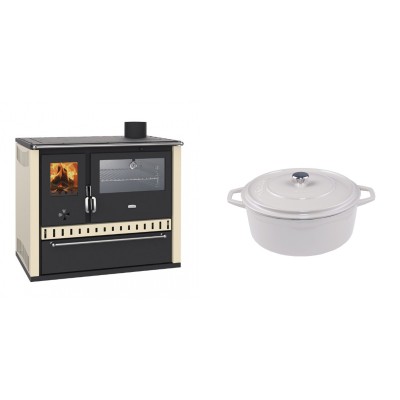 Set Küchenofen / Küchenhexe Prity GT, mit Edelstahl-Backofen und Schublade, 15 kW + Gusseisen Topf Tiefer Solagio, Ivory, Ф20 - Kaminofen - Holzofen mit Backfach