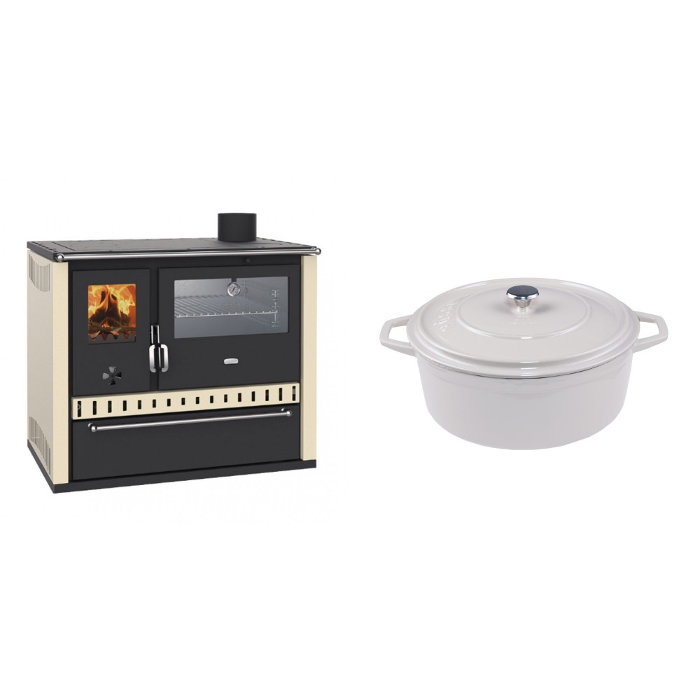 Set Küchenofen / Küchenhexe Prity GT, mit Edelstahl-Backofen und Schublade, 15 kW + Gusseisen Topf Tiefer Solagio, Ivory, Ф24