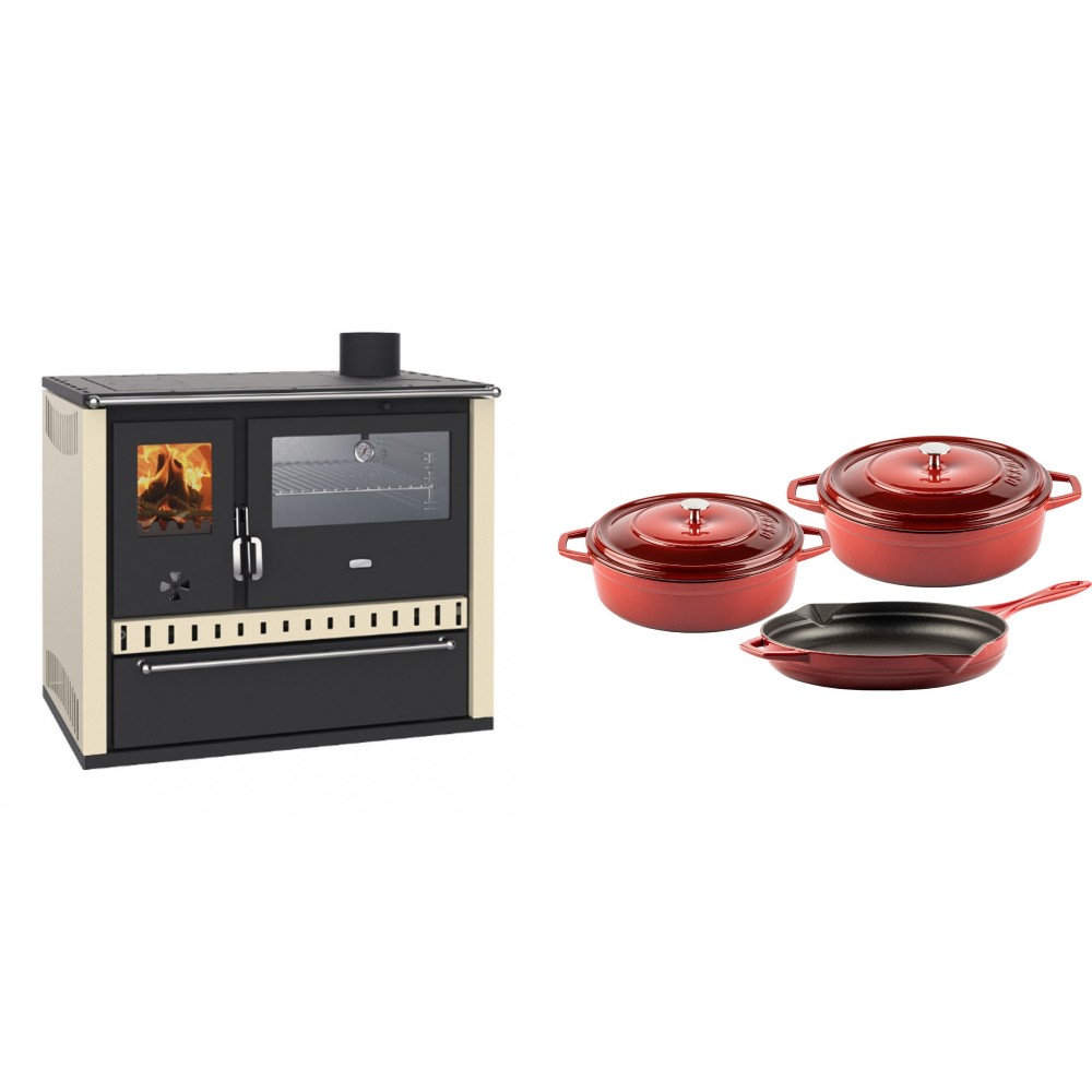 Set Küchenofen / Küchenhexe Prity GT, mit Edelstahl-Backofen und Schublade, 15 kW + Gusseisen Topf Set aus 3 teilen Solagio, Rubin | Kaminofen - Holzofen mit Backfach | Kaminofen |