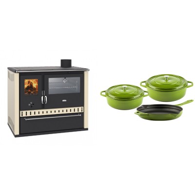 Set Küchenofen / Küchenhexe Prity GT, mit Edelstahl-Backofen und Schublade, 15 kW + Gusseisen Topf Set aus 3 teilen Solagio, Bamboo - Kaminofen - Holzofen mit Backfach