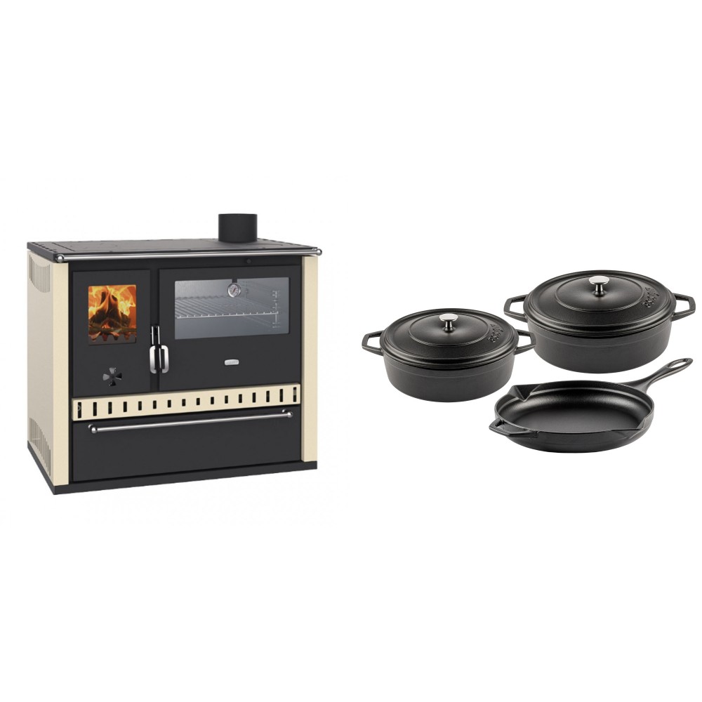 Set Küchenofen / Küchenhexe Prity GT, mit Edelstahl-Backofen und Schublade, 15 kW + Gusseisen Topf Set aus 3 teilen Solagio, Black Onyx | Kaminofen - Holzofen mit Backfach | Kaminofen |