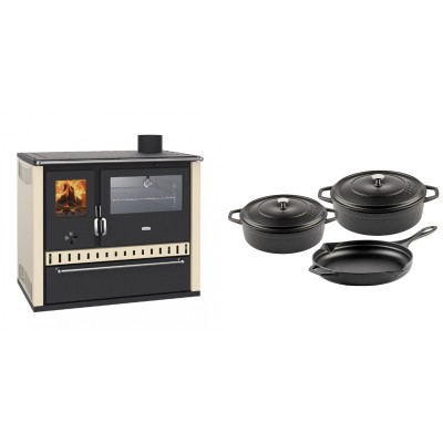 Set Küchenofen / Küchenhexe Prity GT, mit Edelstahl-Backofen und Schublade, 15 kW + Gusseisen Topf Set aus 3 teilen Solagio, Black Onyx - Kaminofen - Holzofen mit Backfach