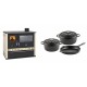 Set Küchenofen / Küchenhexe Prity GT, mit Edelstahl-Backofen und Schublade, 15 kW + Gusseisen Topf Set aus 3 teilen Solagio, Black Onyx | Kaminofen - Holzofen mit Backfach | Kaminofen |