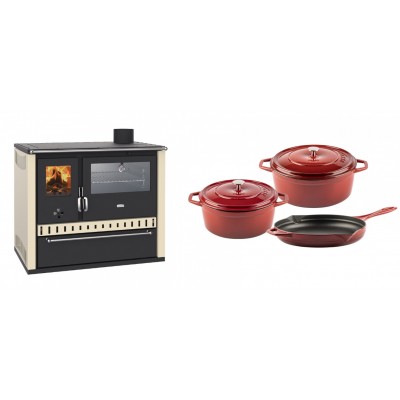 Set Küchenofen / Küchenhexe Prity GT, mit Edelstahl-Backofen und Schublade, 15 kW + Gusseisen Topf Set aus 3 teilen Solagio, Rubin - Kaminofen - Holzofen mit Backfach