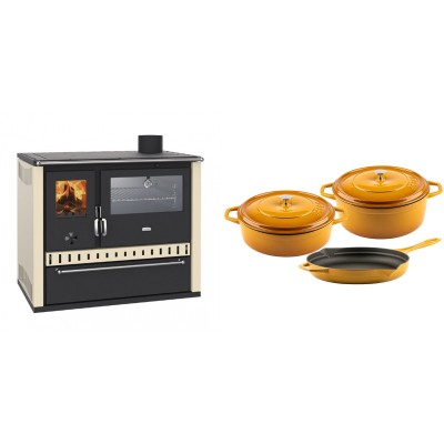 Set Küchenofen / Küchenhexe Prity GT, mit Edelstahl-Backofen und Schublade, 15 kW + Gusseisen Topf Set aus 3 teilen Solagio, Dijon - Kaminofen - Holzofen mit Backfach