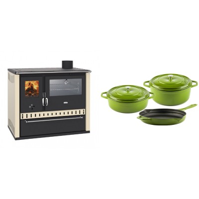 Set Küchenofen / Küchenhexe Prity GT, mit Edelstahl-Backofen und Schublade, 15 kW + Gusseisen Topf Set aus 3 teilen Solagio, Bamboo - Kaminofen - Holzofen mit Backfach