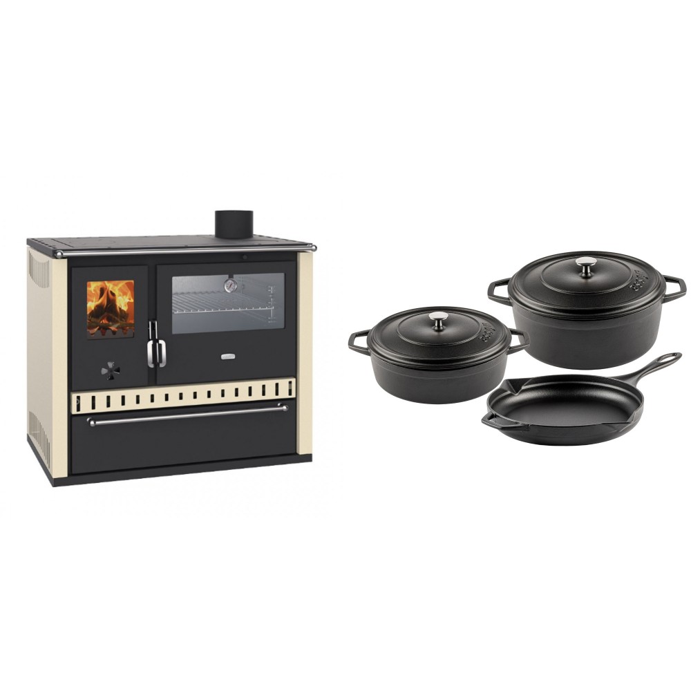 Set Küchenofen / Küchenhexe Prity GT, mit Edelstahl-Backofen und Schublade, 15 kW + Gusseisen Topf Set aus 3 teilen Solagio, Black Onyx