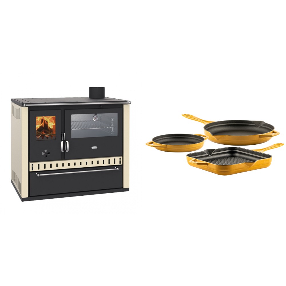 Set Küchenofen / Küchenhexe Prity GT, mit Edelstahl-Backofen und Schublade, 15 kW + Gusseisen Topf Set aus 3 teilen Solagio, Dijon