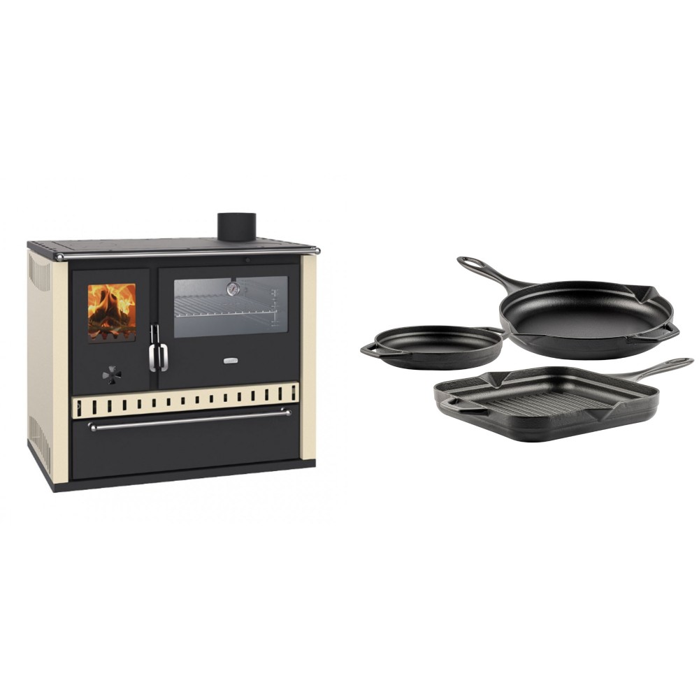 Set Küchenofen / Küchenhexe Prity GT, mit Edelstahl-Backofen und Schublade, 15 kW + Gusseisen Topf Set aus 3 teilen Solagio, Black Onyx | Kaminofen - Holzofen mit Backfach | Kaminofen |