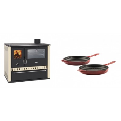 Set Küchenofen / Küchenhexe Prity GT, mit Edelstahl-Backofen und Schublade, 15 kW + Gusseisen Topf Set aus 2 teilen Solagio, Rubin - Kaminofen - Holzofen mit Backfach