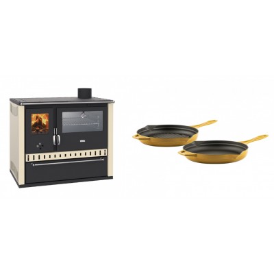 Set Küchenofen / Küchenhexe Prity GT, mit Edelstahl-Backofen und Schublade, 15 kW + Gusseisen Topf Set aus 2 teilen Solagio, Dijon - Kaminofen - Holzofen mit Backfach