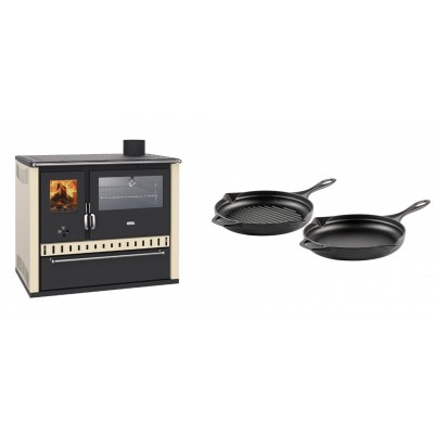 Set Küchenofen / Küchenhexe Prity GT, mit Edelstahl-Backofen und Schublade, 15 kW + Gusseisen Topf Set aus 2 teilen Solagio, Black Onyx - Kaminofen - Holzofen mit Backfach