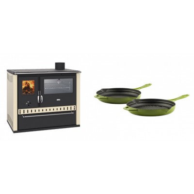 Set Küchenofen / Küchenhexe Prity GT, mit Edelstahl-Backofen und Schublade, 15 kW + Gusseisen Topf Set aus 2 teilen Solagio, Bamboo - Kaminofen - Holzofen mit Backfach