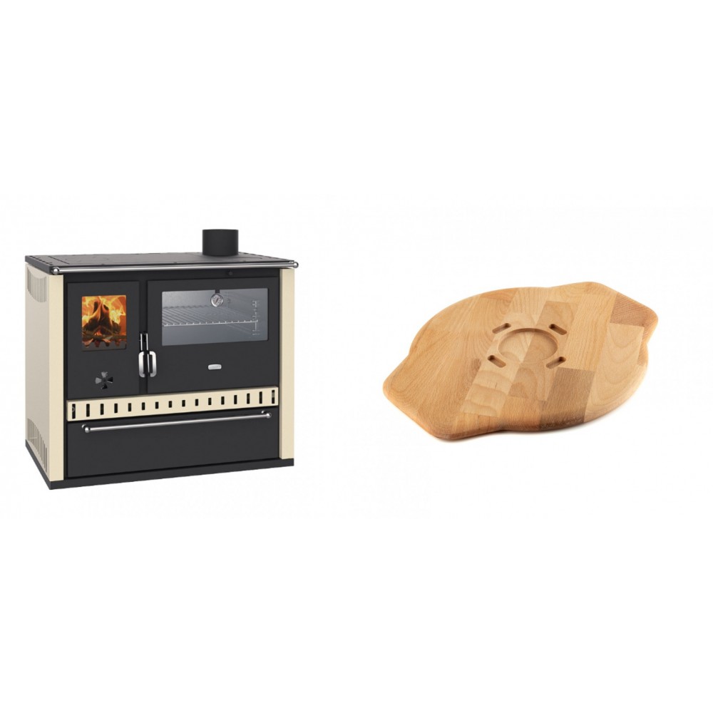 Set Küchenofen / Küchenhexe Prity GT, mit Edelstahl-Backofen und Schublade, 15 kW + Holz untersetzer für Gusseisenplatte Solagio HSYSAK28
