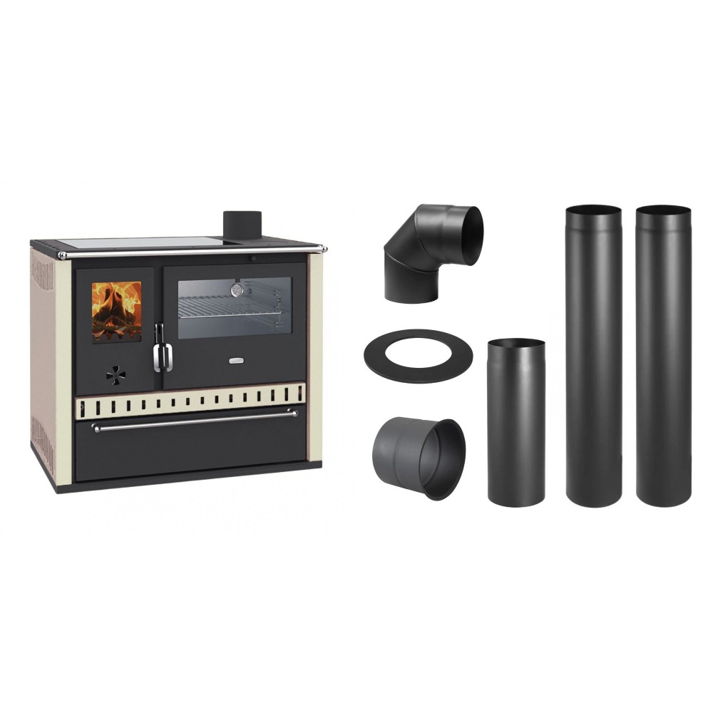 Set Küchenofen / Küchenhexe Prity GT, mit Edelstahl-Backofen, Glaskeramik-Kochfeld und Schublade, 15 kW + Schornstein Bausatz PARKANEX, Stahl Ø150, Dicke 2mm