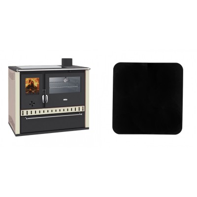 Set Küchenofen / Küchenhexe Prity GT, mit Edelstahl-Backofen, Glaskeramik-Kochfeld und Schublade, 15 kW + Funkenschutzplatte Stahl 2mm, Größe 98x98cm - Kaminofen - Holzofen mit Backfach