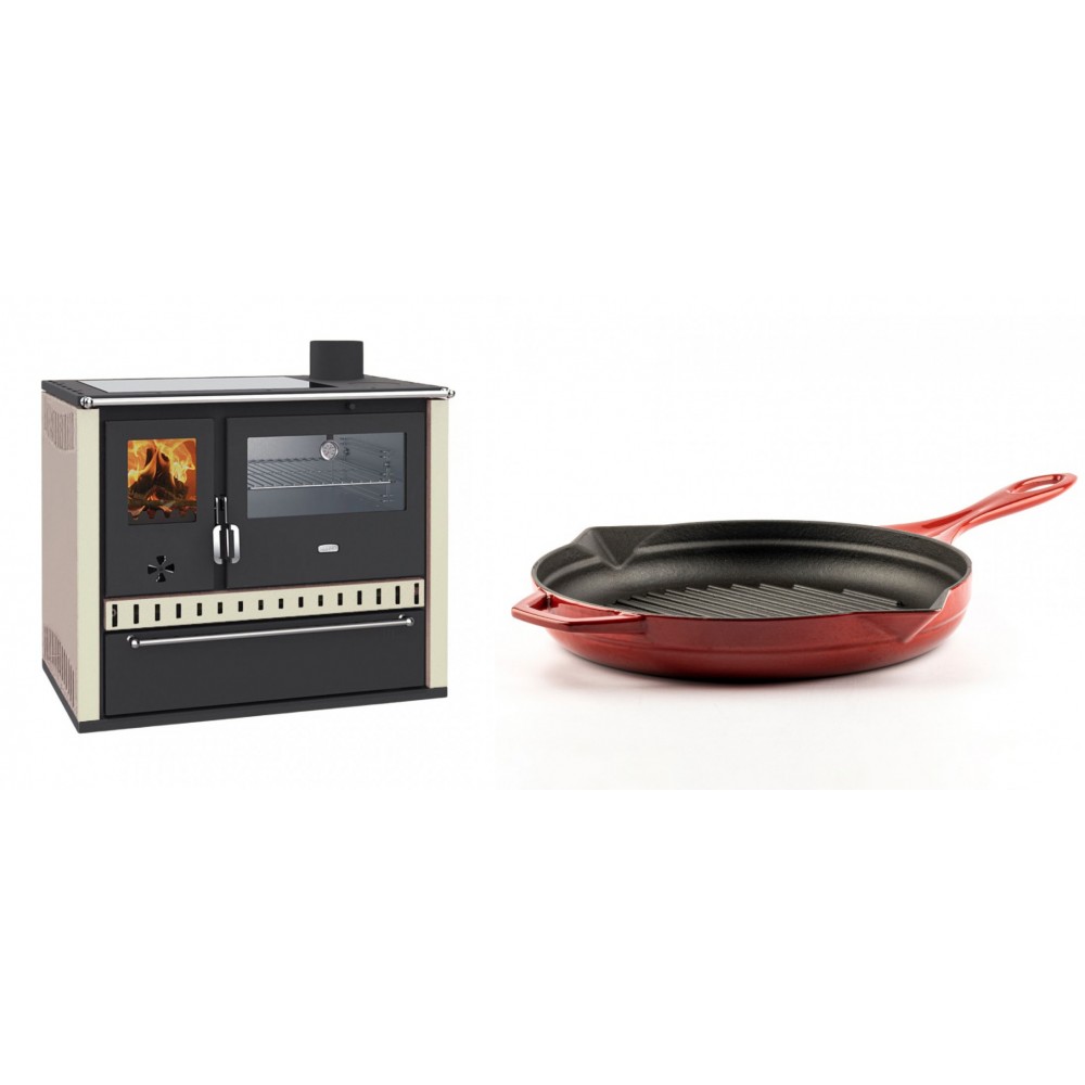 Set Küchenofen / Küchenhexe Prity GT, mit Edelstahl-Backofen, Glaskeramik-Kochfeld und Schublade, 15 kW + Emaillierte grillpfanne Gusseisen Solagio, Rubin, Ф28cm | Kaminofen - Holzofen mit Backfach | Kaminofen |