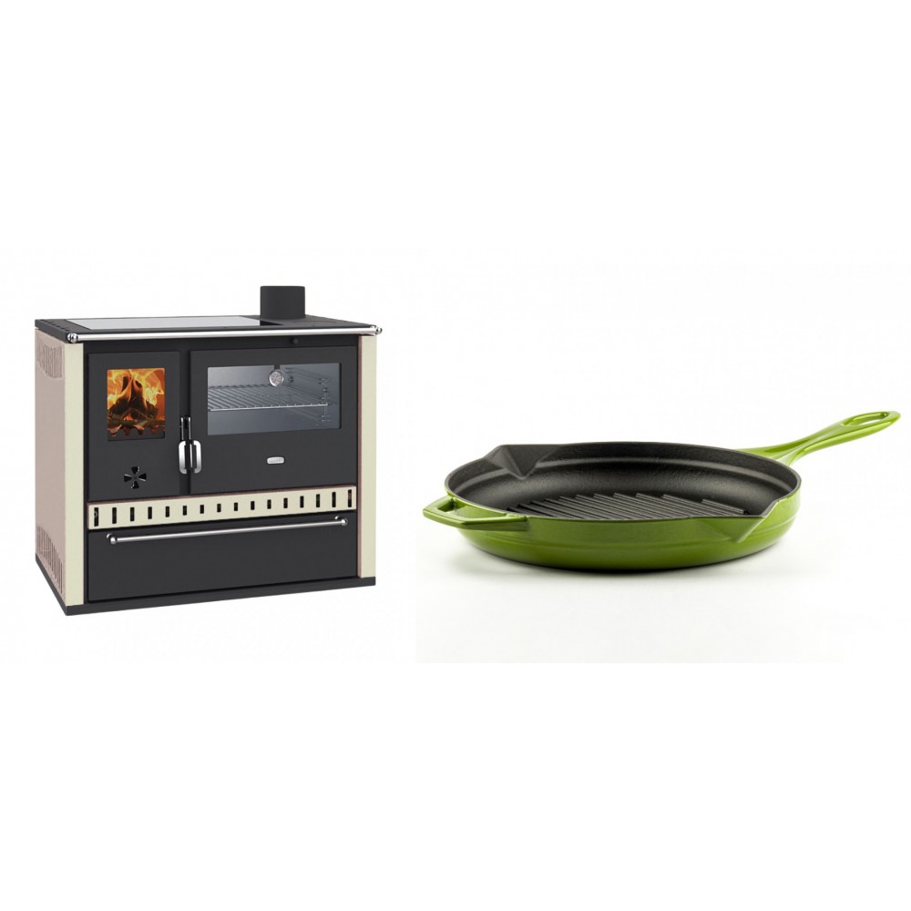 Set Küchenofen / Küchenhexe Prity GT, mit Edelstahl-Backofen, Glaskeramik-Kochfeld und Schublade, 15 kW + Emaillierte grillpfanne Gusseisen Solagio, Bamboo, Ф28cm