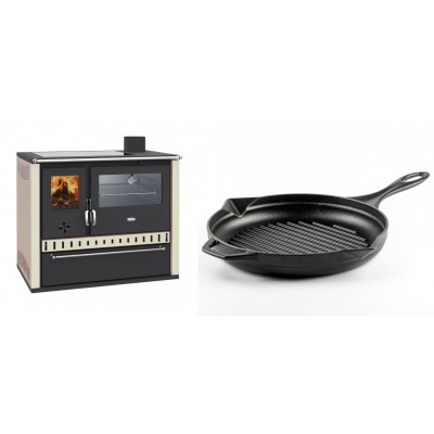 Set Küchenofen / Küchenhexe Prity GT, mit Edelstahl-Backofen, Glaskeramik-Kochfeld und Schublade, 15 kW + Emaillierte grillpfanne Gusseisen Solagio, Black Onyx, Ф28cm - Kaminofen - Holzofen mit Backfach