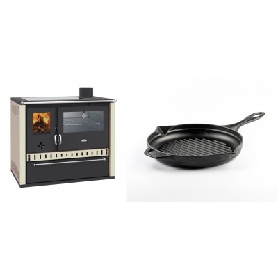 Set Küchenofen / Küchenhexe Prity GT, mit Edelstahl-Backofen, Glaskeramik-Kochfeld und Schublade, 15 kW + Emaillierte grillpfanne Gusseisen Solagio, Black Onyx, Ф24cm - Kaminofen - Holzofen mit Backfach