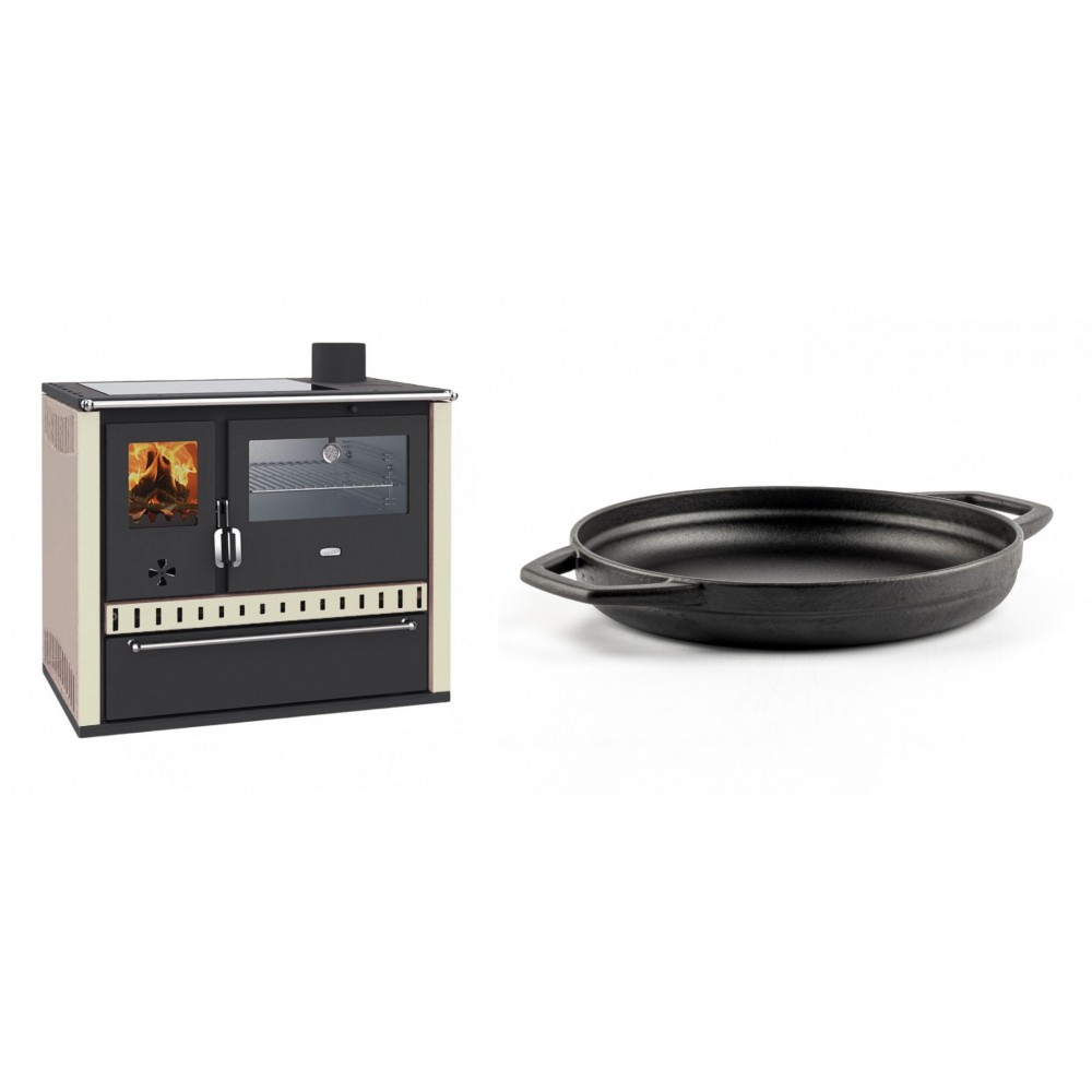 Set Küchenofen / Küchenhexe Prity GT, mit Edelstahl-Backofen, Glaskeramik-Kochfeld und Schublade, 15 kW + Emaillierte gusseisenpfanne mit zwei Griffen Solagio, Black Onyx, Ф22cm | Kaminofen - Holzofen mit Backfach | Kaminofen |