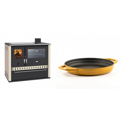 Set Küchenofen / Küchenhexe Prity GT, mit Edelstahl-Backofen, Glaskeramik-Kochfeld und Schublade, 15 kW + Emaillierte gusseisenpfanne mit zwei Griffen Solagio, Dijon, Ф22cm - Kaminofen - Holzofen mit Backfach