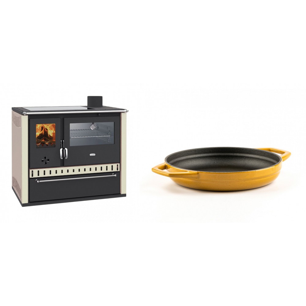 Set Küchenofen / Küchenhexe Prity GT, mit Edelstahl-Backofen, Glaskeramik-Kochfeld und Schublade, 15 kW + Emaillierte gusseisenpfanne mit zwei Griffen Solagio, Dijon, Ф19cm | Kaminofen - Holzofen mit Backfach | Kaminofen |