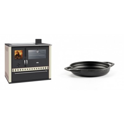 Set Küchenofen / Küchenhexe Prity GT, mit Edelstahl-Backofen, Glaskeramik-Kochfeld und Schublade, 15 kW + Emaillierte gusseisenpfanne mit zwei Griffen Solagio, Black Onyx, Ф16cm - Kaminofen - Holzofen mit Backfach