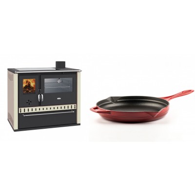 Set Küchenofen / Küchenhexe Prity GT, mit Edelstahl-Backofen, Glaskeramik-Kochfeld und Schublade, 15 kW + Emaillierte Gusseisenpfanne Solagio, Rubin, Ф28cm - Kaminofen - Holzofen mit Backfach