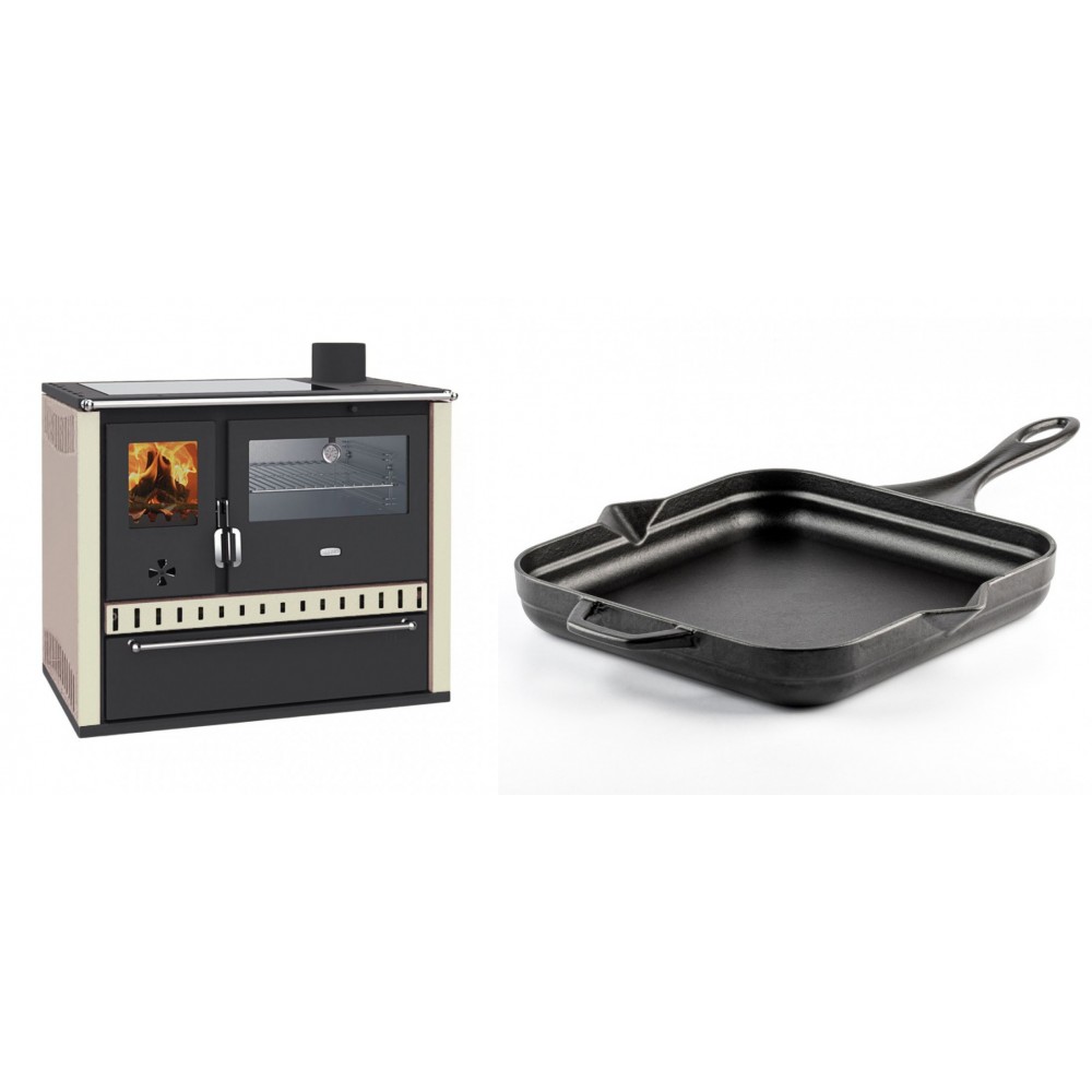 Set Küchenofen / Küchenhexe Prity GT, mit Edelstahl-Backofen, Glaskeramik-Kochfeld und Schublade, 15 kW + Emaillierte Gusseisenpfanne Solagio, Black Onyx, 28x28cm | Kaminofen - Holzofen mit Backfach | Kaminofen |