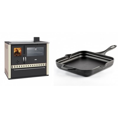 Set Küchenofen / Küchenhexe Prity GT, mit Edelstahl-Backofen, Glaskeramik-Kochfeld und Schublade, 15 kW + Emaillierte Gusseisenpfanne Solagio, Black Onyx, 28x28cm - Kaminofen - Holzofen mit Backfach