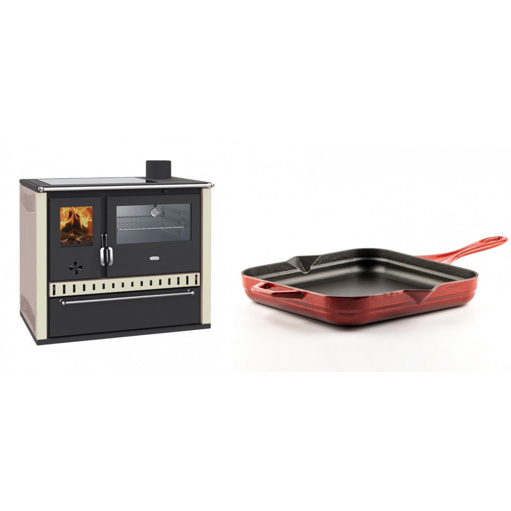 Set Küchenofen / Küchenhexe Prity GT, mit Edelstahl-Backofen, Glaskeramik-Kochfeld und Schublade, 15 kW + Emaillierte Gusseisenpfanne Solagio, Rubin, 28x28cm | Kaminofen - Holzofen mit Backfach | Kaminofen |