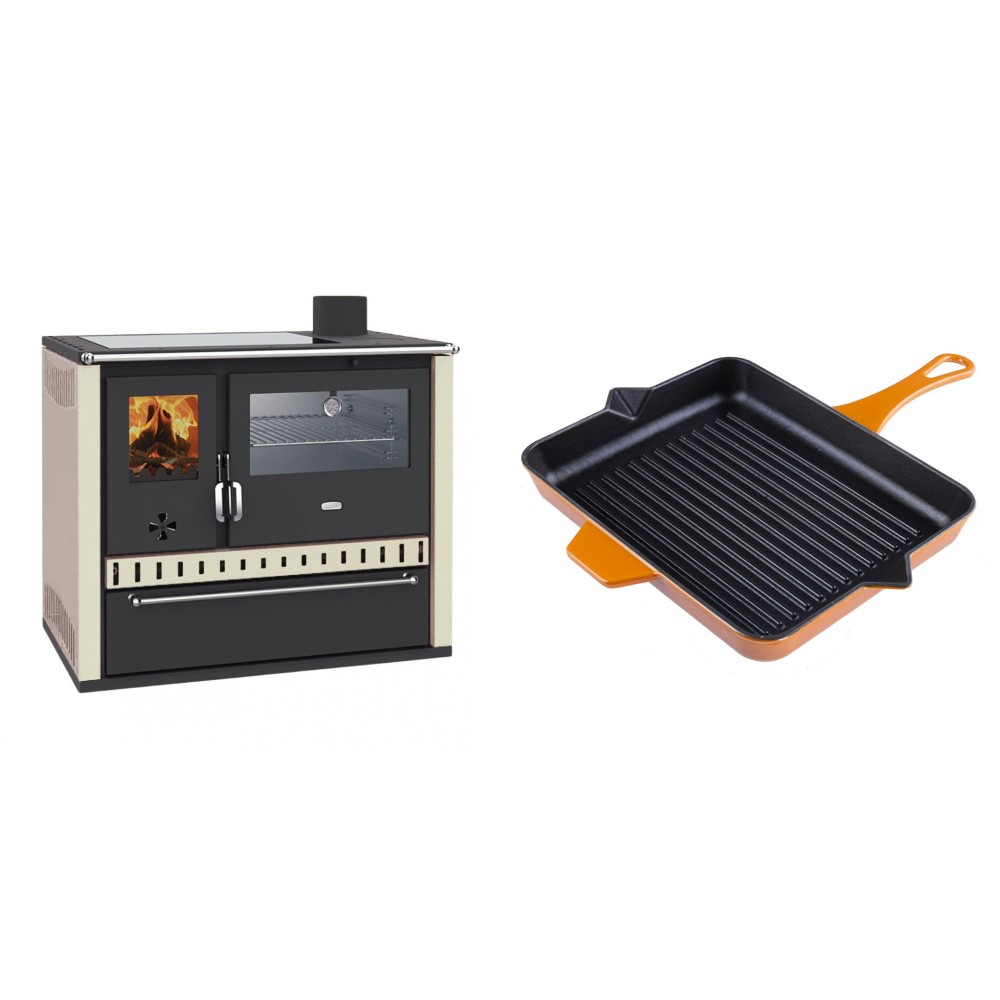 Set Küchenofen / Küchenhexe Prity GT, mit Edelstahl-Backofen, Glaskeramik-Kochfeld und Schublade, 15 kW + Emaillierte grillpfanne Gusseisen Solagio, Dijon, 26x32cm | Kaminofen - Holzofen mit Backfach | Kaminofen |